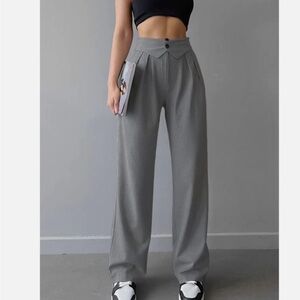 Gray Wide Leg Trousers with High Waist and Relaxed Fit